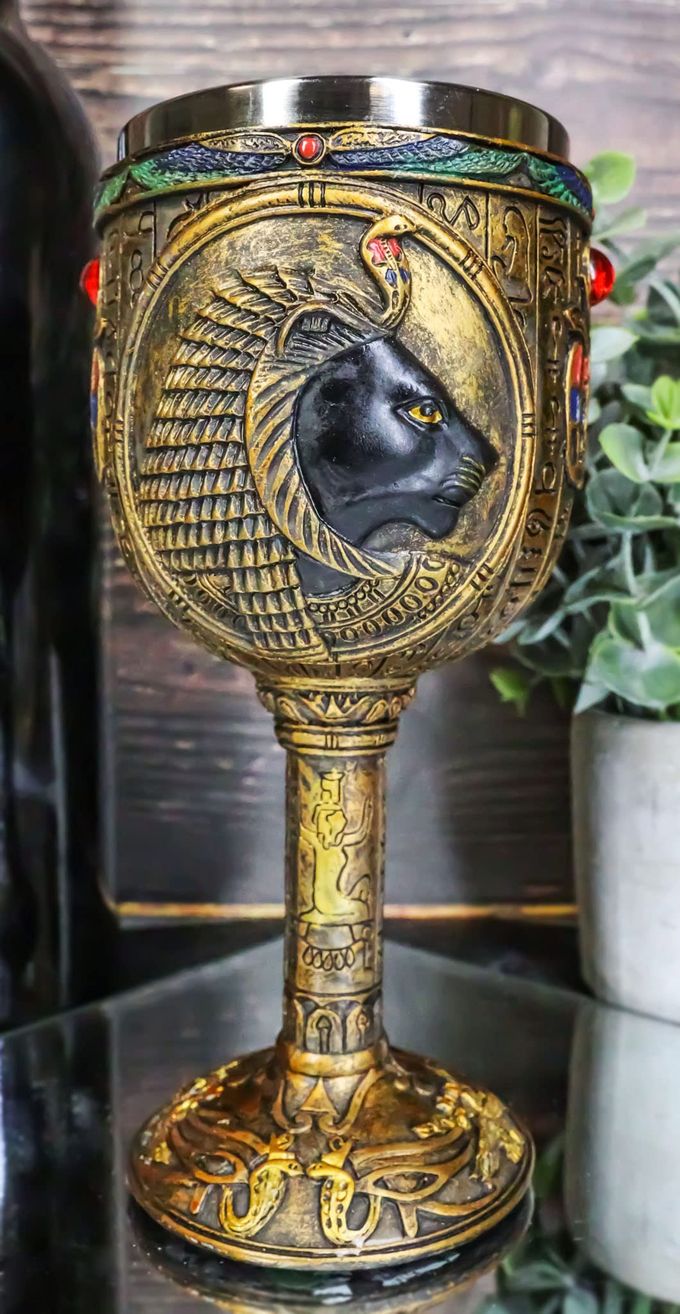 Ebros Ancient Egyptian Wine Goblet In Golden Hieroglyphic Design With Gods Of Egypt Face 6oz 7"Tall (Sekhmet)