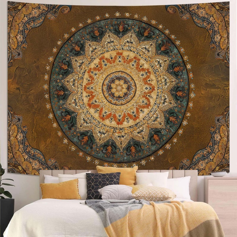 Accnicc Boho Mandala Tapestry Wall Hanging Hippie Bohemian Floral Medallion Indian Tapestry Aesthetic Large Vintage Brown Yellow Meditation Tapestries for Bedroom Living Room Dorm Decor 80 x 60 Inch - Image 2