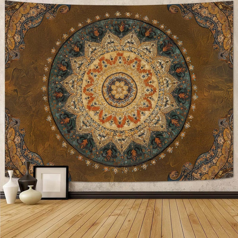 Accnicc Boho Mandala Tapestry Wall Hanging Hippie Bohemian Floral Medallion Indian Tapestry Aesthetic Large Vintage Brown Yellow Meditation Tapestries for Bedroom Living Room Dorm Decor 80 x 60 Inch - Image 1