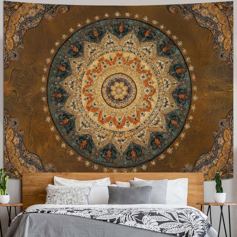 Accnicc Boho Mandala Tapestry Wall Hanging Hippie Bohemian Floral Medallion Indian Tapestry Aesthetic Large Vintage Brown Yellow Meditation Tapestries for Bedroom Living Room Dorm Decor 80 x 60 Inch - Image 4