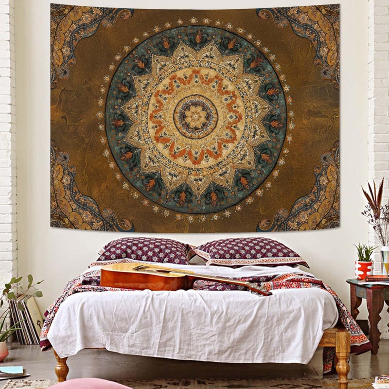 Accnicc Boho Mandala Tapestry Wall Hanging Hippie Bohemian Floral Medallion Indian Tapestry Aesthetic Large Vintage Brown Yellow Meditation Tapestries for Bedroom Living Room Dorm Decor 80 x 60 Inch - Image 3