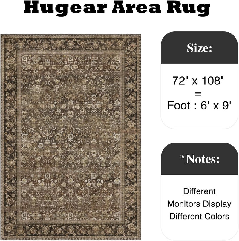 HUGEAR 6x9 Machine Washable Rugs Brown Hallway Large Area Rug Indoor Accent Rug Floral Low Pile Carpet Soft Throw Aesthetic Rug Bedroom Living Room Office Dining Room Kitchen Laundry Room - Image 2