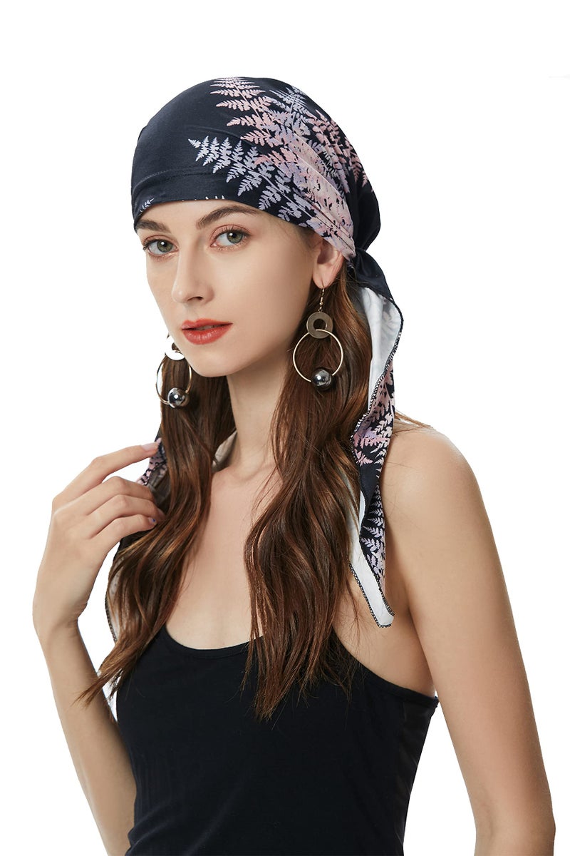 ZLYC Chemo Headwear Pre Tied Head Scarf Headwraps Lightweight Turban Beanie Cap for Women (Leaves Pink Black) - Image 1
