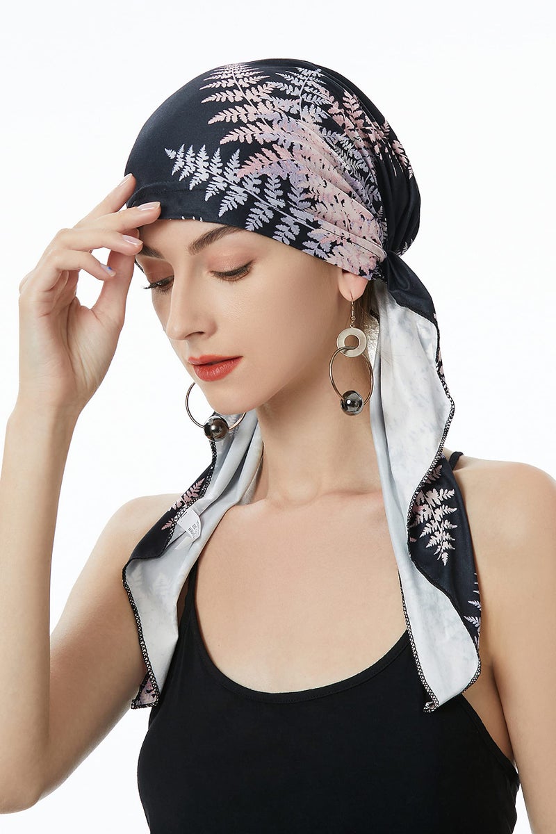 ZLYC Chemo Headwear Pre Tied Head Scarf Headwraps Lightweight Turban Beanie Cap for Women (Leaves Pink Black) - Image 3