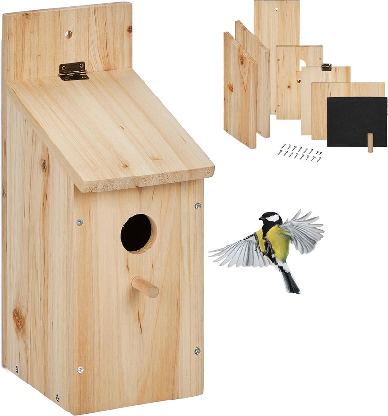 Relaxdays Nesting Box Construction Kit for Birds, 32 mm Entrance Hole, HBT: 29.5 x 11.5 x 17 cm, Bird House to Build Yourself, Wood, Natural - Image 1