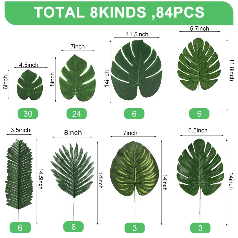 Ledoira 84 Pieces 8 Kinds Artificial Tropical Palm Leaves Safari Jungle Leaves with Stems Leaf Decorations for Hawaiian Luau Party Beach Baby Shower Birthday Theme Table Wedding Decorations - Image 2