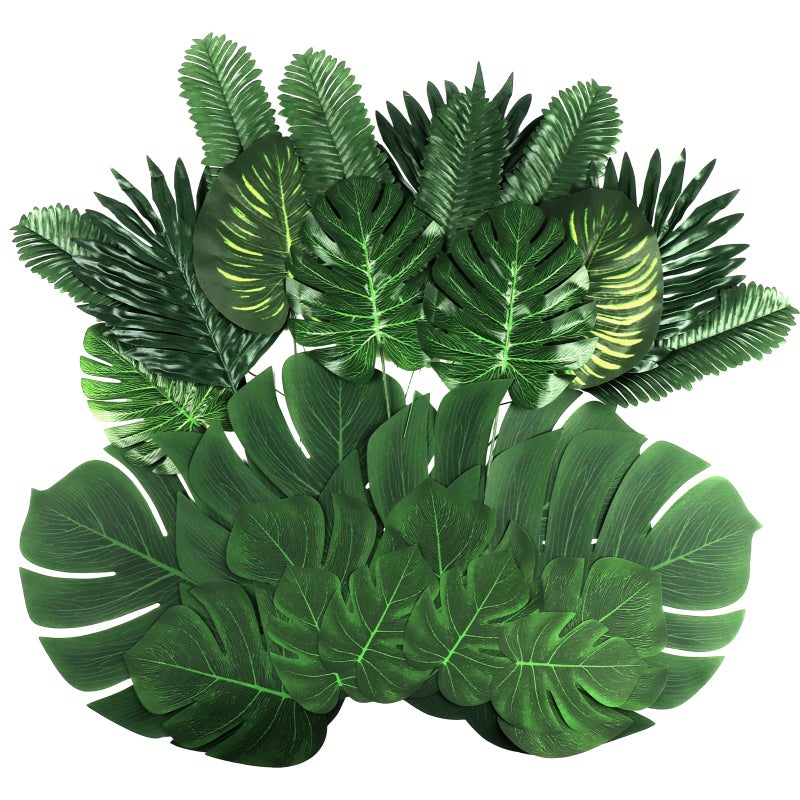 Ledoira 84 Pieces 8 Kinds Artificial Tropical Palm Leaves Safari Jungle Leaves with Stems Leaf Decorations for Hawaiian Luau Party Beach Baby Shower Birthday Theme Table Wedding Decorations - Image 1
