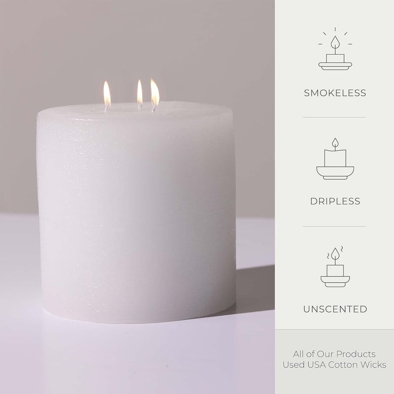 bask Large Mottled Pillar Candles - Unscented - 6-Inch Diameter for Extra-Wide Holders - 3-Wick Candles for Home and Events - White - Image 3