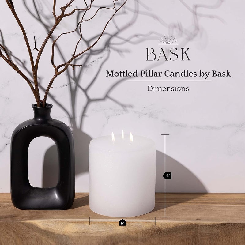 bask Large Mottled Pillar Candles - Unscented - 6-Inch Diameter for Extra-Wide Holders - 3-Wick Candles for Home and Events - White - Image 2