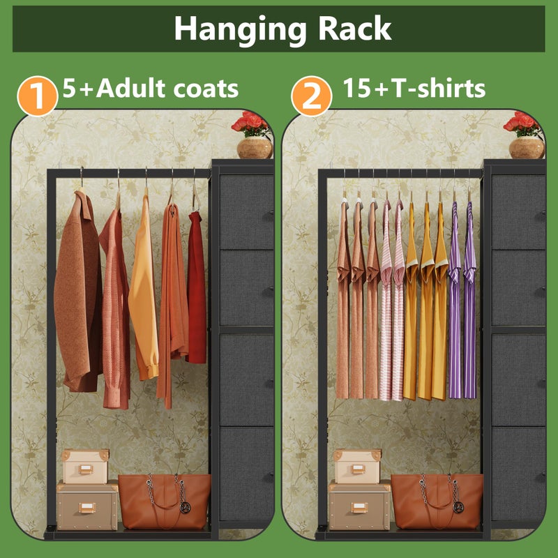 HIGDBFE Dresser with Hanging Rack, 4 Drawers Small Closet for Bedroom, Reversible Fabric Kids Chest of Drawers with Clothes Rack, Tall Storage Tower, Sturdy Frame, Grey, 44''H - Image 4