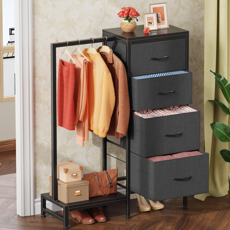 HIGDBFE Dresser with Hanging Rack, 4 Drawers Small Closet for Bedroom, Reversible Fabric Kids Chest of Drawers with Clothes Rack, Tall Storage Tower, Sturdy Frame, Grey, 44''H - Image 2