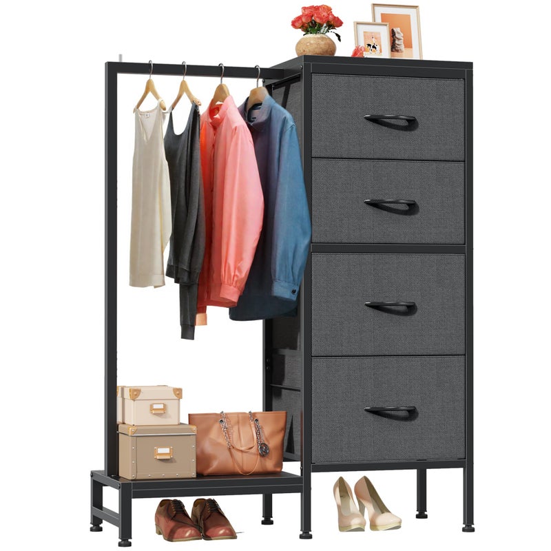 HIGDBFE Dresser with Hanging Rack, 4 Drawers Small Closet for Bedroom, Reversible Fabric Kids Chest of Drawers with Clothes Rack, Tall Storage Tower, Sturdy Frame, Grey, 44''H - Image 1