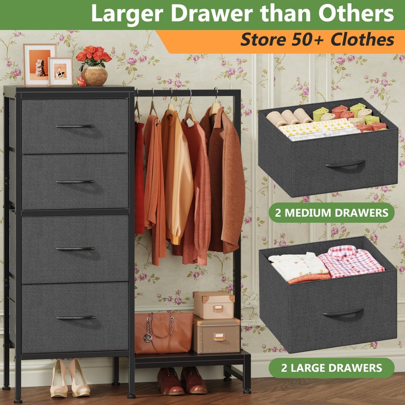 HIGDBFE Dresser with Hanging Rack, 4 Drawers Small Closet for Bedroom, Reversible Fabric Kids Chest of Drawers with Clothes Rack, Tall Storage Tower, Sturdy Frame, Grey, 44''H - Image 5