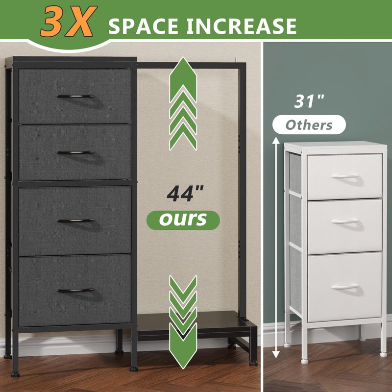 HIGDBFE Dresser with Hanging Rack, 4 Drawers Small Closet for Bedroom, Reversible Fabric Kids Chest of Drawers with Clothes Rack, Tall Storage Tower, Sturdy Frame, Grey, 44''H - Image 3