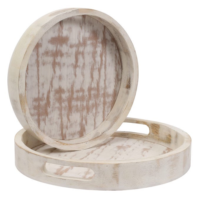 Decorative Coffee Table Tray Set of 2 White Wooden Round Serving Tray for Living Room Wood Ottoman or Side Table Charcuterie Board Cheese Platter Fruit Baskets White Distress 12x12x15