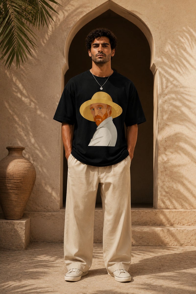 Men's Black Oversized Cartoon Portrait Graphic T-Shirt Casual Short Sleeve Streetwear Tee - Image 2