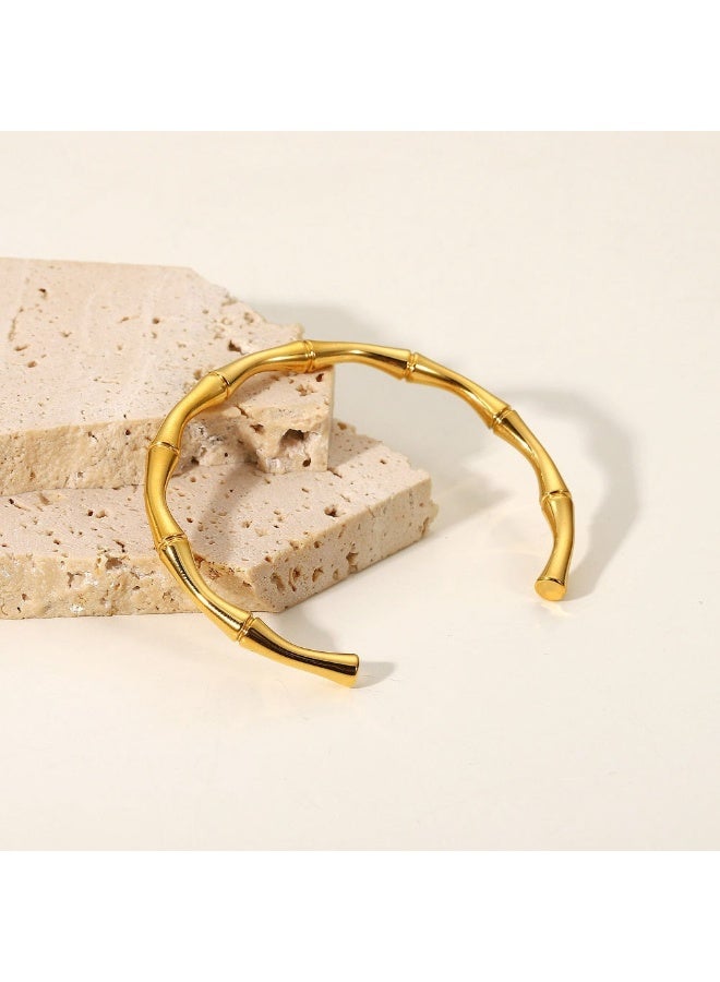 PALMONAS Gold Bamboo Cuff Bracelet for Women - Waterproof & Anti-Tarnish - Image 2