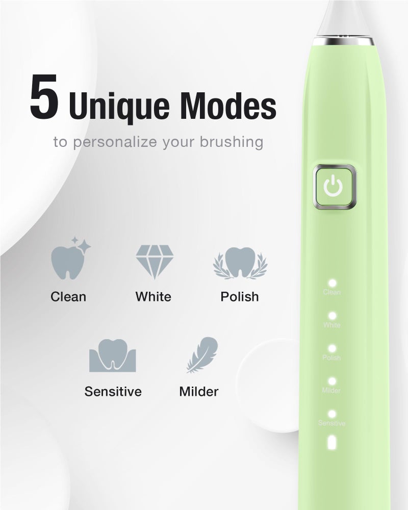 7AM2M Sonic Electric Toothbrush with 6 Brush Heads for Adults&Kids, One Charge for 120 Days, Wireless Fast Charge, 5 Modes, 40000VPM Powered Toothbrush, 2 Minutes Built in Smart Timer (Light Green) - Image 3