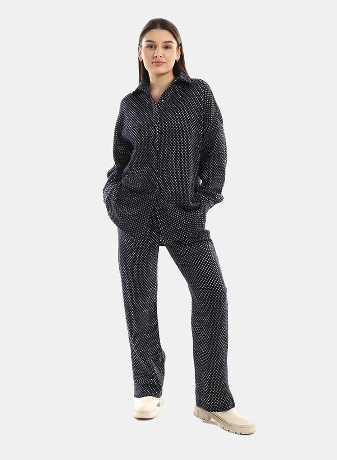 kady Jamila Women Set Of Cotton Buttoned Shirt & Elastic Pants ,Navy-XXL - Image 1