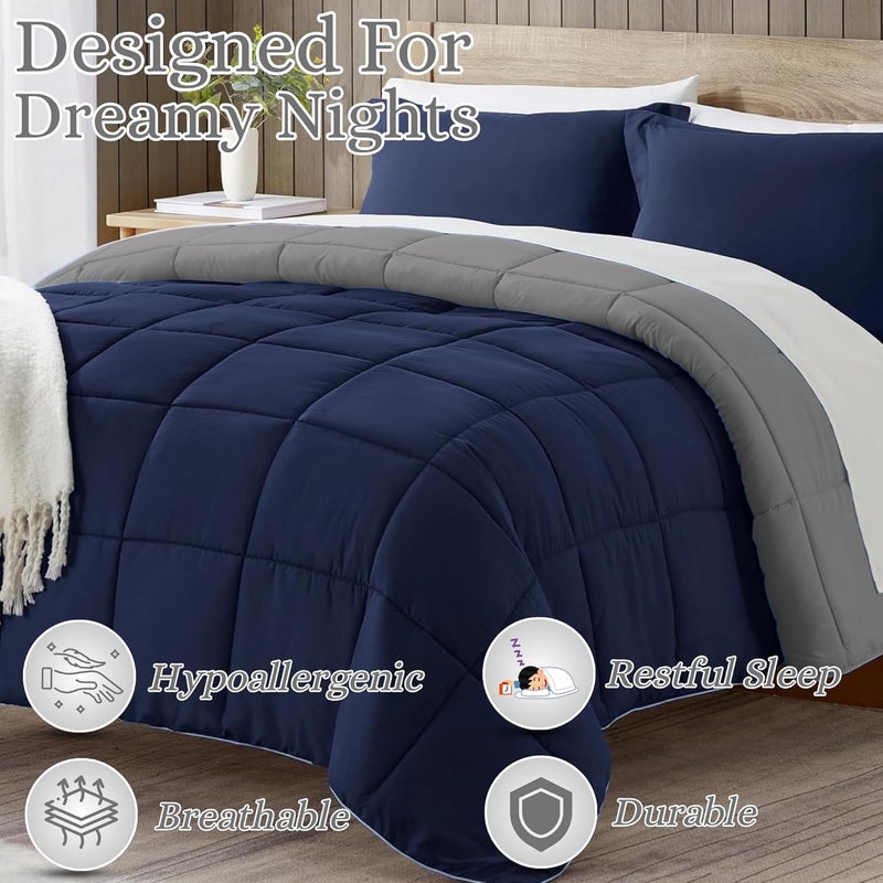 MUSA MUSA® Luxury 3-Piece Bed Comforter Set – Fade & Wrinkle Free Bedding Set | For All-Seasons with Down Alternative Fill & Includes 1 Cozy Comforter & 2 Pillow Shams (Navy/Grey, 135 x 200cm) - Image 3