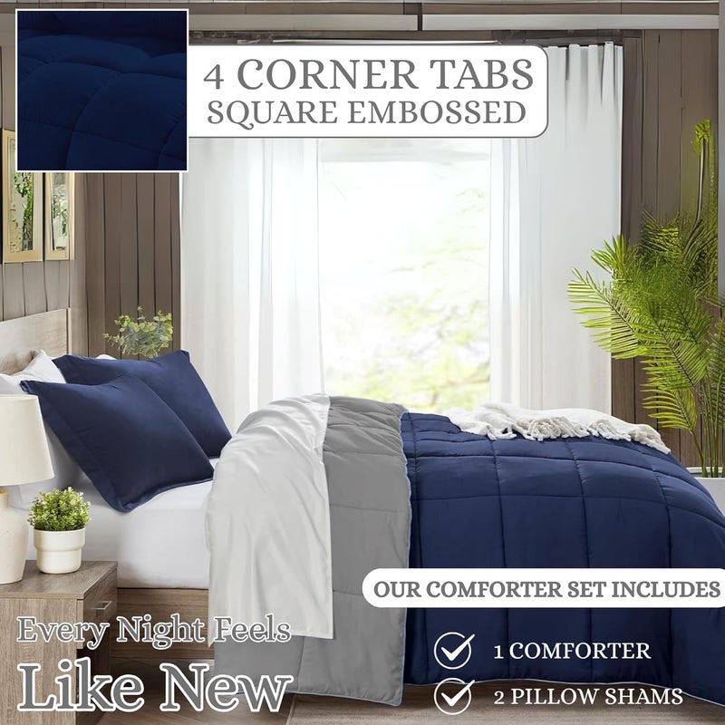 MUSA MUSA® Luxury 3-Piece Bed Comforter Set – Fade & Wrinkle Free Bedding Set | For All-Seasons with Down Alternative Fill & Includes 1 Cozy Comforter & 2 Pillow Shams (Navy/Grey, 135 x 200cm) - Image 5