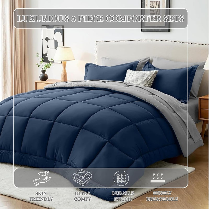 MUSA MUSA® Luxury 3-Piece Bed Comforter Set – Fade & Wrinkle Free Bedding Set | For All-Seasons with Down Alternative Fill & Includes 1 Cozy Comforter & 2 Pillow Shams (Navy/Grey, 135 x 200cm) - Image 4