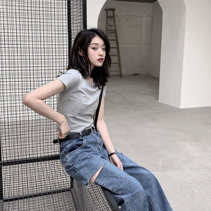 Sweet and Spicy Style Womens 2022 Short Short Sleeve Candy Color High Waist Navel Exposure Solid Color Top Girls Summer T-shirt for Students Light gray