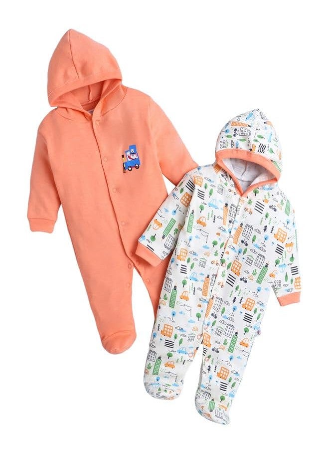 BUMZEE Orange & Cream Baby Boys Full Sleeves Sleepsuit with Hood Pack of 2 Age - New Born (Peb10017A-org) - Image 1