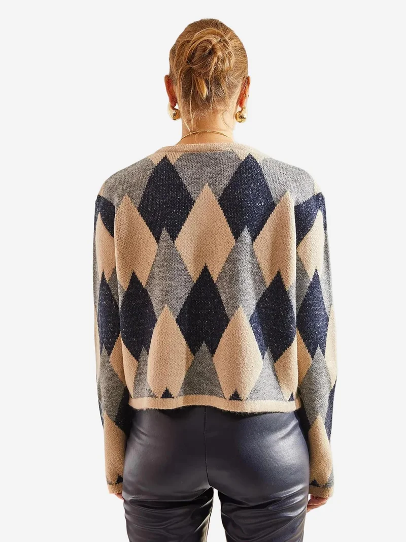 Bianco Lucci LUCCI Geometric Knitwear Button-Up Crop Cardigan