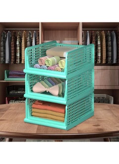 Kuber Industries Kuber Industries Pack of 3 Storage Organizer | Wardrobe Organizer For Clothes | Cloth Organizer | Foldable Shirt Stacker Box | Cloth Box for Almirah | Closet Storage Basket | Large | Pista Green  - Image 1