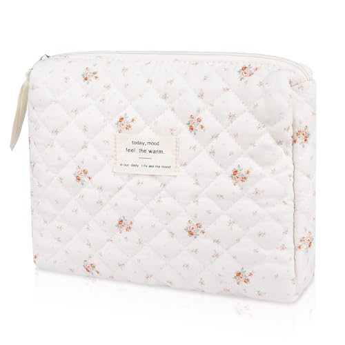 Gosect Floral Makeup Bag, Small Cosmetic Bag for Women Girls, Cute Cotton Makeup Bag, Quilted Makeup Bags, Flower Travel Toiletry Organizer Bag(Rose Pattern) - Image 1