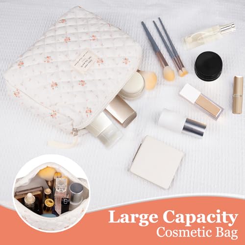 Gosect Floral Makeup Bag, Small Cosmetic Bag for Women Girls, Cute Cotton Makeup Bag, Quilted Makeup Bags, Flower Travel Toiletry Organizer Bag(Rose Pattern) - Image 3