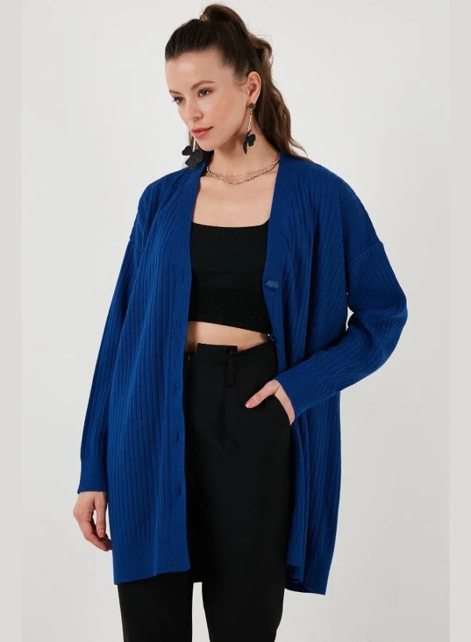 ليلا كارديجان طويل محبوك بياقة على شكل حرف  وأزرار للنساء