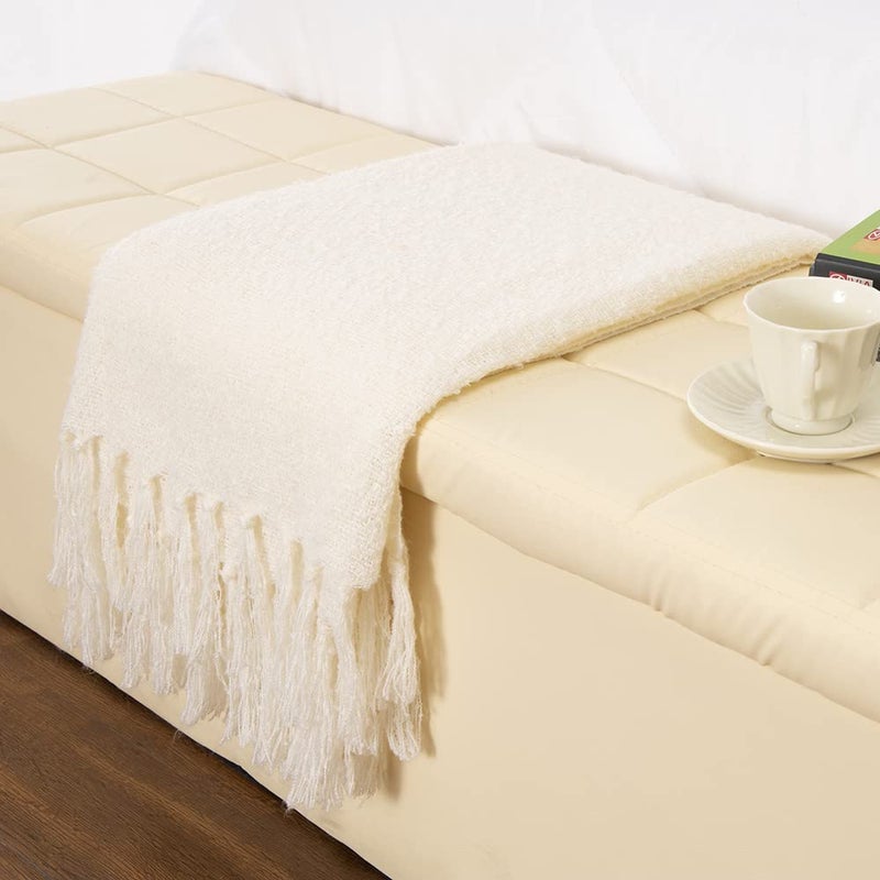 Gealaek Decorative Fluffy White Throw Blanket Cream Fringe Lightweight Faux Cashmere Fuzzy Soft Cozy Throws for Sofa Bed Farmhouse 50 x 60