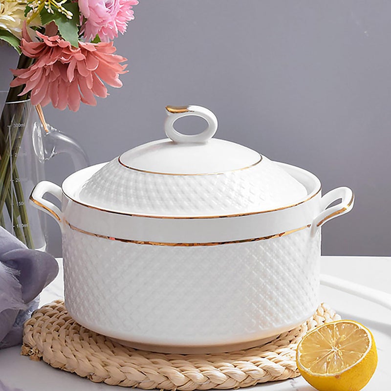 LAAMMIAM White Soup Tureen with Gold Design,Double Handle Soup Serving Bowl with Lid and Ladle Bone China Tableware,3.2L - Image 1