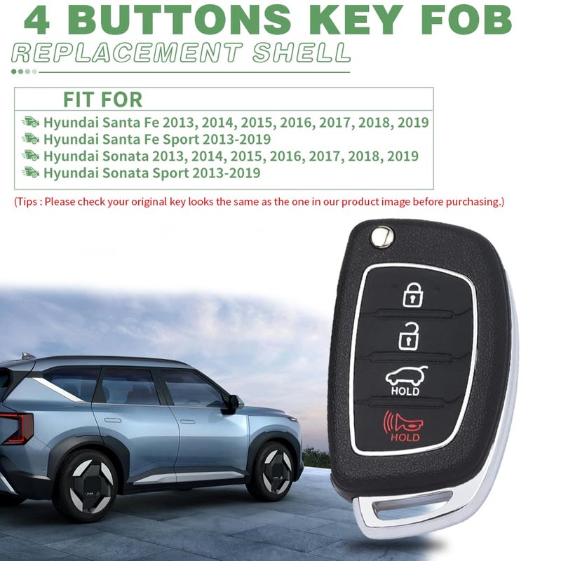 JJCHQ Key Fob Case for Hyundai Sonata Santa Fe Sport 2019 2018 2017 2016 2015 2014 2013 4 Buttons Keyless Entry Remote Control Folding Flip Car Key Fob Cover Shell Replacement with Insert Rubber Pad Keypad - Image 4