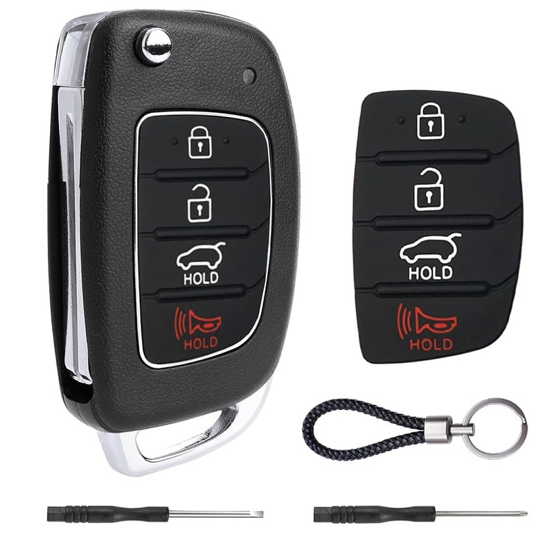 JJCHQ Key Fob Case for Hyundai Sonata Santa Fe Sport 2019 2018 2017 2016 2015 2014 2013 4 Buttons Keyless Entry Remote Control Folding Flip Car Key Fob Cover Shell Replacement with Insert Rubber Pad Keypad - Image 1