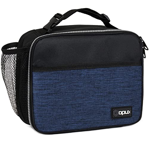 opux Insulated Lunch Bag Kids, Lunch Box for School Boy Girl, Leakproof Small Reusable Compact Soft Mini Cooler Bag, Toddler Small Lunch Boxes Kit Pail with Front Side Pockets (Navy) - Image 1