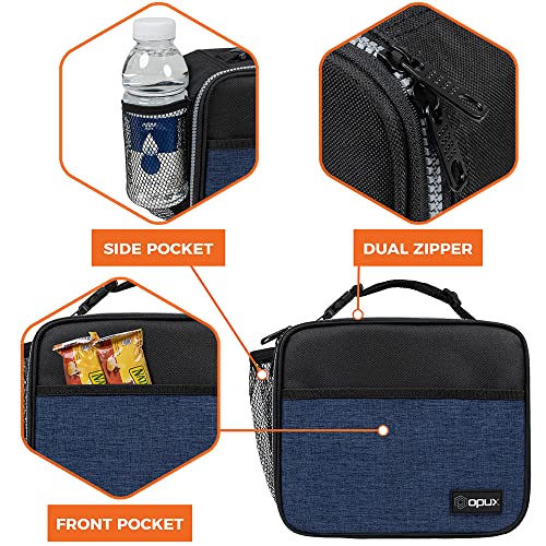 opux Insulated Lunch Bag Kids, Lunch Box for School Boy Girl, Leakproof Small Reusable Compact Soft Mini Cooler Bag, Toddler Small Lunch Boxes Kit Pail with Front Side Pockets (Navy) - Image 4