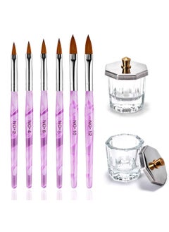 Excefore 2Pcs Nail Art Dappen Dish with 6Pcs Acrylic Nail Brush Set, Acrylic Liquid Powder Styling Tool, Mini Glass Nail Cup with Lid Glass Crystal Bowl Acrylic UV Gel DIY Brush Nail Crystal Cup Set  - Image 1