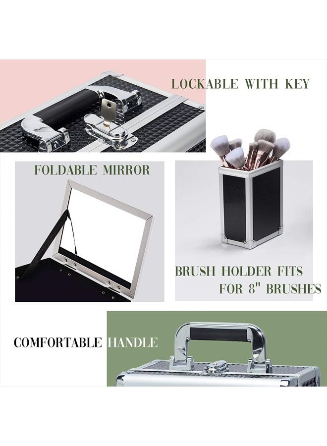 Joligrace Makeup Box Train Case Large Storage Capacity 3-Tier Trays with Mirror Portable Travel Cosmetic Organizer with Brush Holder, Lockable with Keys - Black Pattern - Image 5