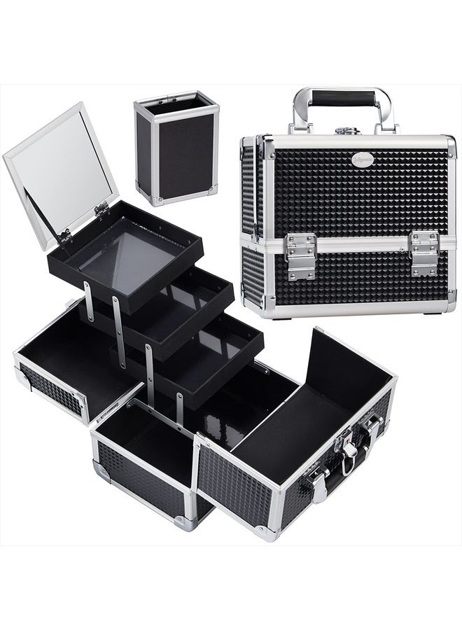 Joligrace Makeup Box Train Case Large Storage Capacity 3-Tier Trays with Mirror Portable Travel Cosmetic Organizer with Brush Holder, Lockable with Keys - Black Pattern - Image 1