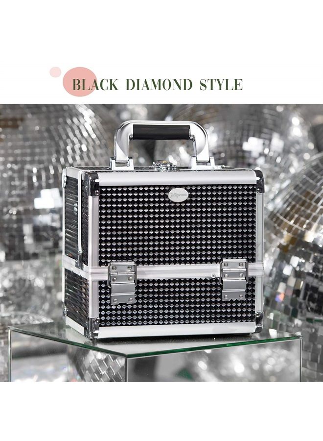 Joligrace Makeup Box Train Case Large Storage Capacity 3-Tier Trays with Mirror Portable Travel Cosmetic Organizer with Brush Holder, Lockable with Keys - Black Pattern - Image 2