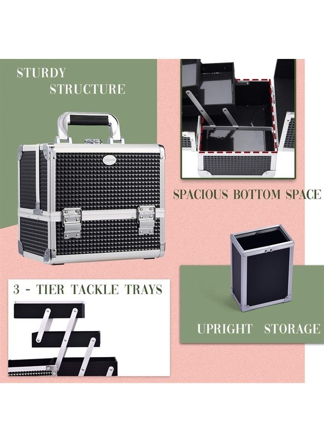 Joligrace Makeup Box Train Case Large Storage Capacity 3-Tier Trays with Mirror Portable Travel Cosmetic Organizer with Brush Holder, Lockable with Keys - Black Pattern - Image 3