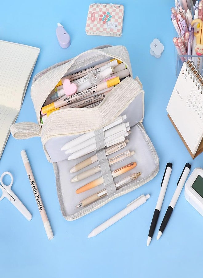 iSuperb Big Capacity Corduroy Pencil Case 3 Compartments Pen Pouch Simple Organizer Bag Large Capacity Pencil Box for Adults (Beige) - Image 5