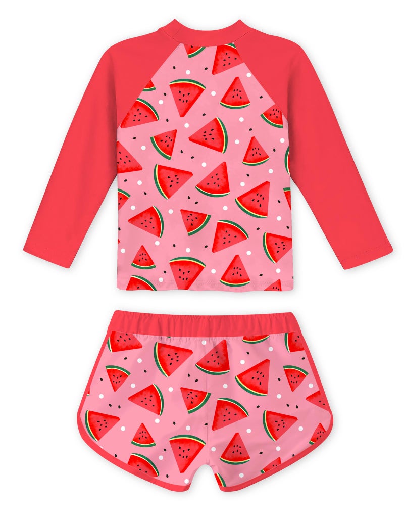 Vogseek Girls Swimsuit Two Pieces Long Sleeve UPF 50+ Bathing Suit Watermelons 9-10 Stretchy Swimwear Rashguard Sets for Vacation Kids Girl 8-10 Red Pink - Image 2