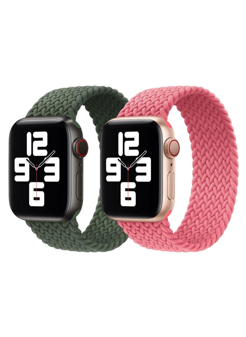 YOMNA Braided Solo Loop Band Strap for Apple Watch Series 42/44/45mm Inverness Green Strap with Pink Punch Strap(set of 2)  - Image 1