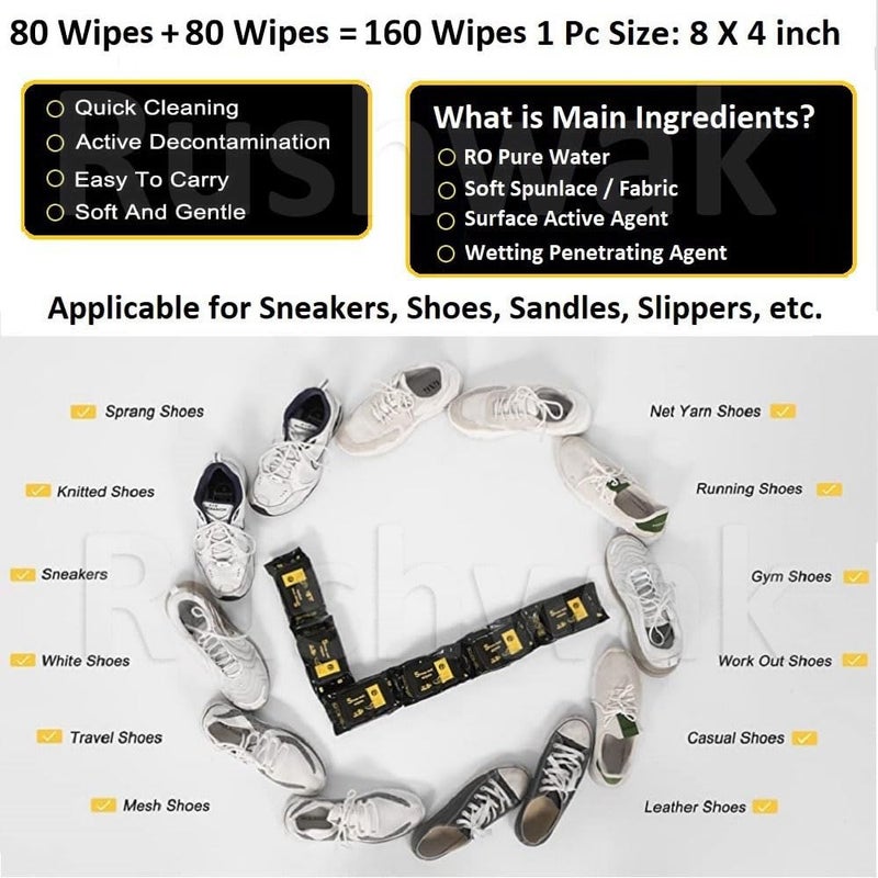 Rushwak Shoe Wipes (80 + 80 Wipes) Sneaker Wipes Instant Sneaker Cleaner Shoe Cleaning Wipes Sneaker Wipes for Shoes Quick Remove Dirt Stain Shoe Cleaner Wipes Shoe Wipes for Sneakers Cleaning Kit - Image 3