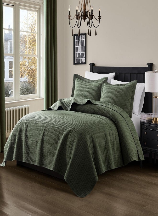 WDCOZY 100% Cotton King Size Quilt Set - Olive Green Pick Stitch Soft Lightweight Bedspread, Textured Like Linen, Farmhouse Country Rustic Coverlet, Shabby Chic Gauze Bedding, 3 Pieces - Image 2