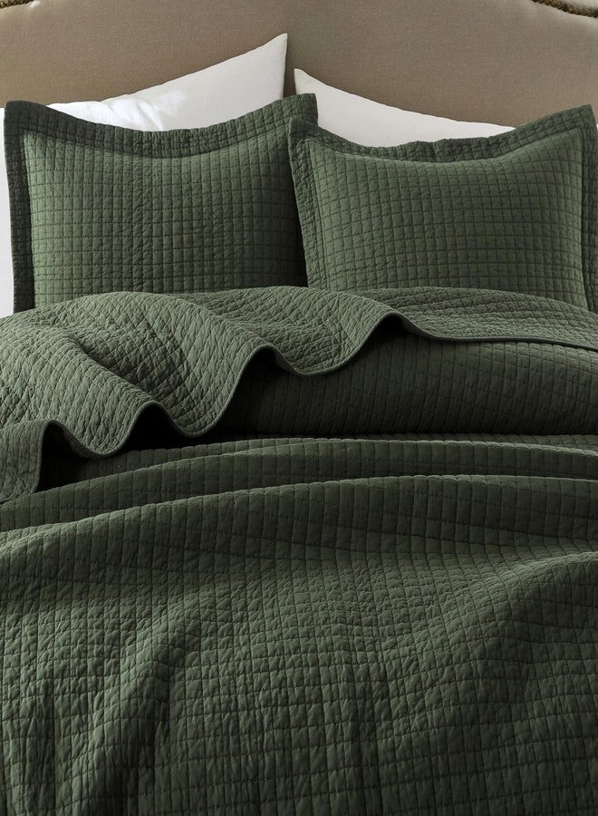 WDCOZY 100% Cotton King Size Quilt Set - Olive Green Pick Stitch Soft Lightweight Bedspread, Textured Like Linen, Farmhouse Country Rustic Coverlet, Shabby Chic Gauze Bedding, 3 Pieces - Image 3